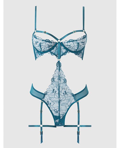 Nova Lace Teddy w/Garters - Jade Blue