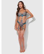 Nova Lace Teddy w/Garters - Jade Blue