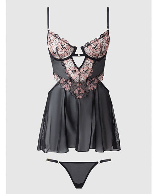 Nova Lace & Mesh Babydoll w/G - String 2 pc Set - Black