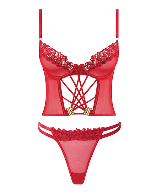 Ashley Alexiss Bustier w/Front Lace Up Ribbon Details & Matching High Cut Thong - Red