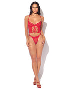Ashley Alexiss Bustier w/Front Lace Up Ribbon Details & Matching High Cut Thong - Red