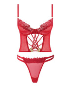 Ashley Alexiss Bustier w/Front Lace Up Ribbon Details & Matching High Cut Thong - Red