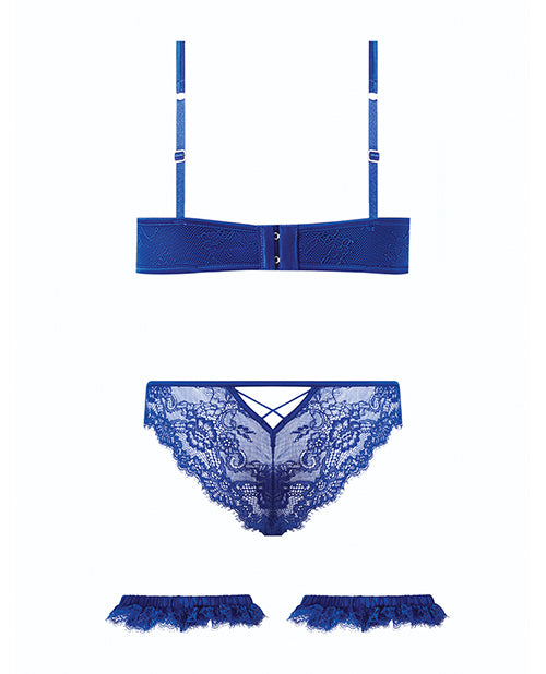Madeline Lace & Mesh Bra, Garters, & Panty - Cobalt Blue