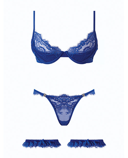 Madeline Lace & Mesh Bra, Garters, & Panty - Cobalt Blue