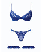 Madeline Lace & Mesh Bra, Garters, & Panty - Cobalt Blue