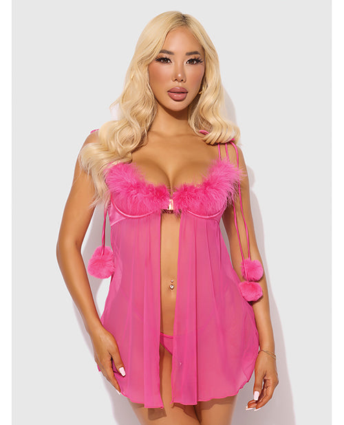 Marilyn Marabou & Mesh Babydoll & G - String Set - Pink