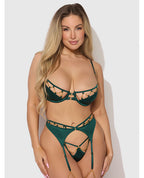Evangeline Satin & Chain Push Up Bra, Thigh Garter Belt & G - String Set - Green