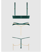 Evangeline Satin & Chain Push Up Bra, Thigh Garter Belt & G - String Set - Green
