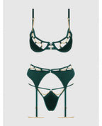 Evangeline Satin & Chain Push Up Bra, Thigh Garter Belt & G - String Set - Green