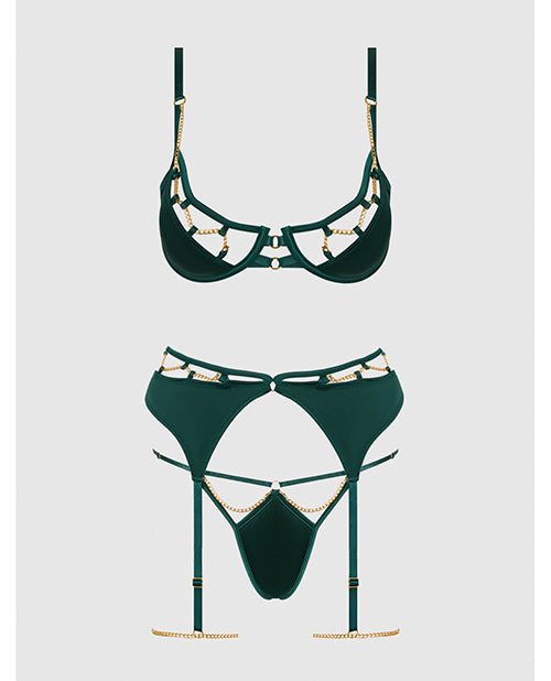 Evangeline Satin & Chain Push Up Bra, Thigh Garter Belt & G - String Set - Green