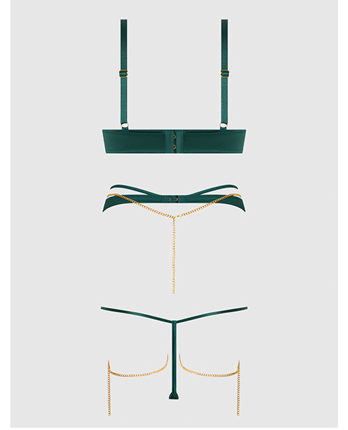 Evangeline Satin & Chain Push Up Bra, Thigh Garter Belt & G - String Set - Green
