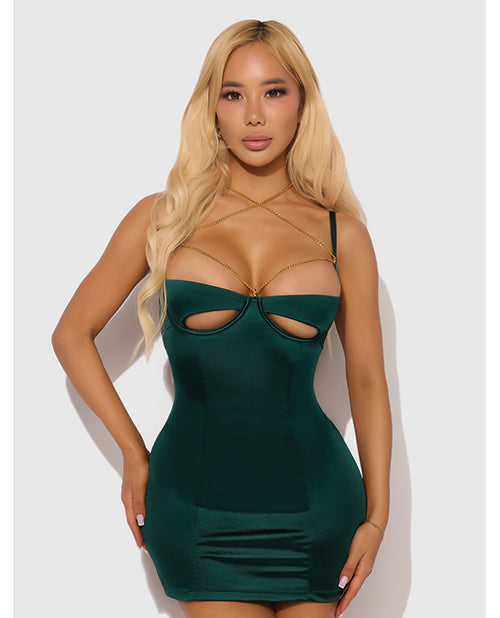 Evangeline Satin & Chain Open Cup & Back Chemise & G - String Set - Green
