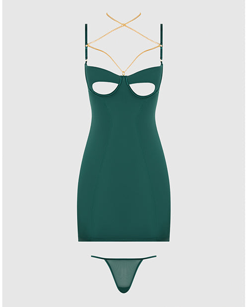 Evangeline Satin & Chain Open Cup & Back Chemise & G - String Set - Green