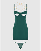 Evangeline Satin & Chain Open Cup & Back Chemise & G - String Set - Green