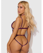 Yasmine Shimmer Mesh Slit Cup, Backless Teddy & Bralette Set - Burgundy