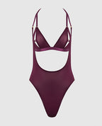 Yasmine Shimmer Mesh Slit Cup, Backless Teddy & Bralette Set - Burgundy