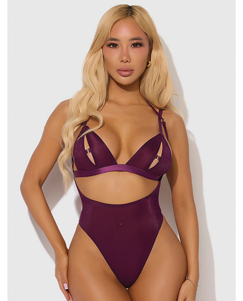 Yasmine Shimmer Mesh Slit Cup, Backless Teddy & Bralette Set - Burgundy