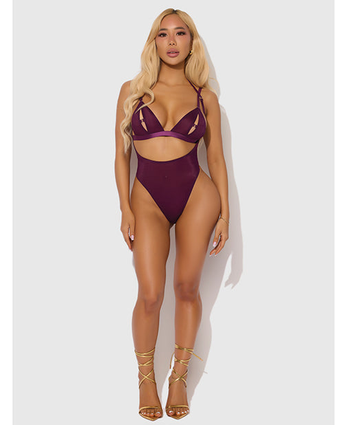 Yasmine Shimmer Mesh Slit Cup, Backless Teddy & Bralette Set - Burgundy