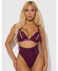 Yasmine Shimmer Mesh Slit Cup, Backless Teddy & Bralette Set - Burgundy