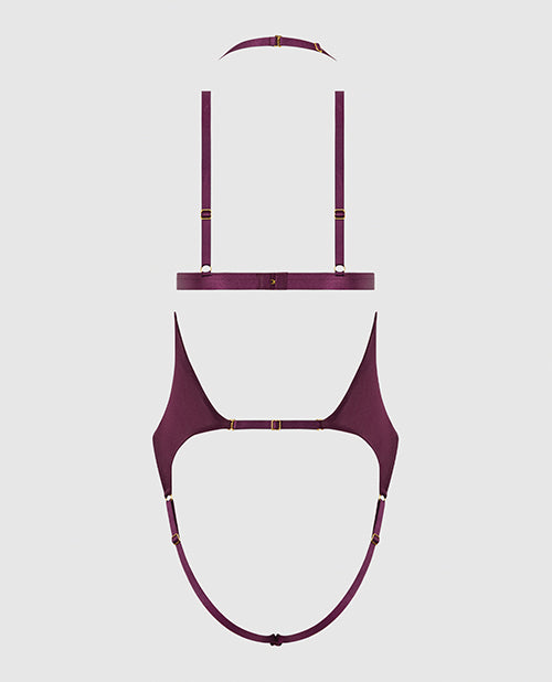 Yasmine Shimmer Mesh Slit Cup, Backless Teddy & Bralette Set - Burgundy