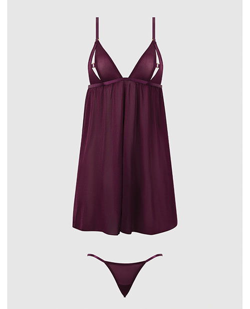 Yasmine Shimmer Mesh O - Ring Slit Cup Babydoll & G - String Set - Burgundy