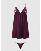 Yasmine Shimmer Mesh O - Ring Slit Cup Babydoll & G - String Set - Burgundy
