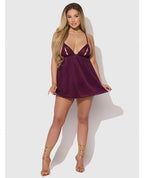 Yasmine Shimmer Mesh O - Ring Slit Cup Babydoll & G - String Set - Burgundy