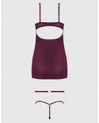 Yasmine Shimmer Mesh O - Ring Thigh Garter Chemise & G - String Set - Burgundy