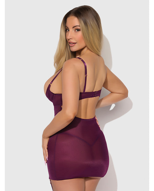 Yasmine Shimmer Mesh O - Ring Thigh Garter Chemise & G - String Set - Burgundy