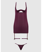 Yasmine Shimmer Mesh O - Ring Thigh Garter Chemise & G - String Set - Burgundy