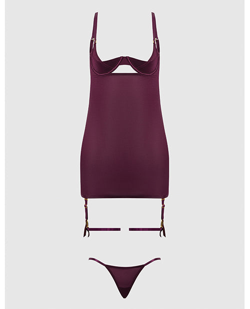 Yasmine Shimmer Mesh O - Ring Thigh Garter Chemise & G - String Set - Burgundy