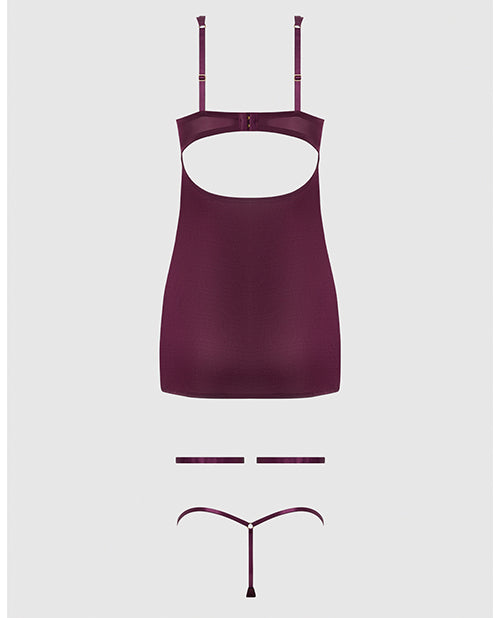 Yasmine Shimmer Mesh O - Ring Thigh Garter Chemise & G - String Set - Burgundy