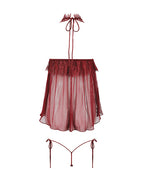 Liliana Lace & Mesh Halter Babydoll 2 pc Set - Burgundy
