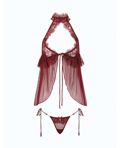 Liliana Lace & Mesh Halter Babydoll 2 pc Set - Burgundy