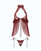 Liliana Lace & Mesh Halter Babydoll 2 pc Set - Burgundy