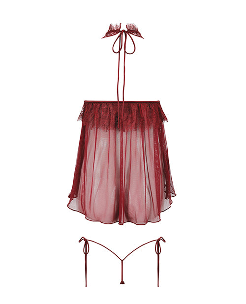Liliana Lace & Mesh Halter Babydoll 2 pc Set - Burgundy