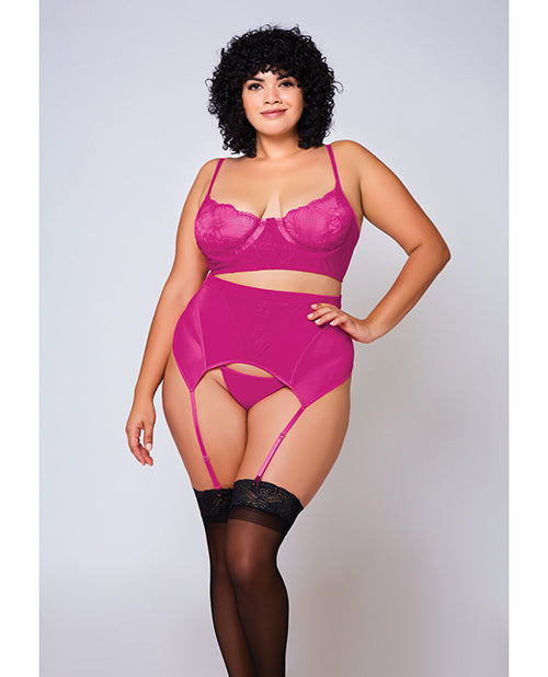 Soft Lace Bra, High Waist Satin & Mesh Garterbelt & G - String Fuchsia