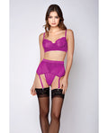 Soft Lace Bra, High Waist Satin & Mesh Garterbelt & G - String Fuchsia