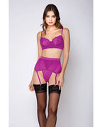 Soft Lace Bra, High Waist Satin & Mesh Garterbelt & G - String Fuchsia