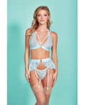 Mercedes Cross Dyed Galloon Lace Strappy Halter Bra, Garter Skirt & G - String Light Blue