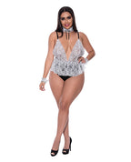 Dress Up Full Service Lace Deep V Teddy w/Collar & Wrist Cuffs Black/White