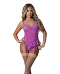 Butterfly Fantasies Gathered Corset w/Cheeky Panty & Attached Garters 2 pc Set - Neon Purple