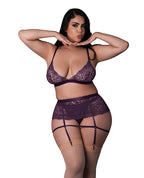 Leather & Lace Stretch Mesh and Lace Bralette w/Garter & Thong 3 pc Set - Plum