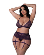 Leather & Lace Stretch Mesh and Lace Bralette w/Garter & Thong 3 pc Set - Plum