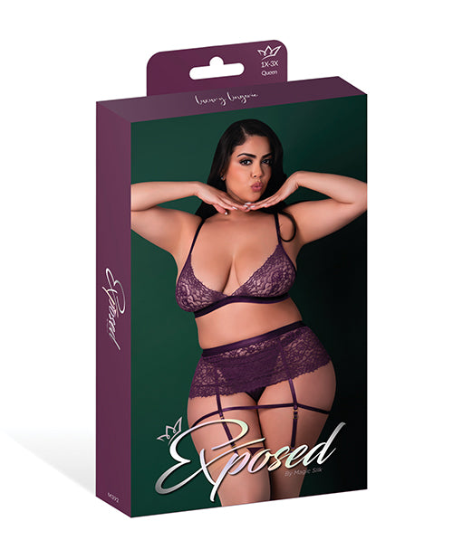 Leather & Lace Stretch Mesh and Lace Bralette w/Garter & Thong 3 pc Set - Plum