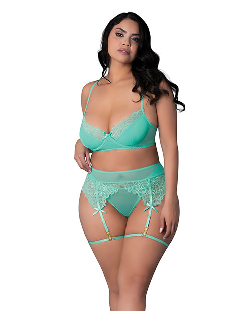 Caribbean Crush Demi Bra w/Thong & Garters 3 pc Set - Aqua