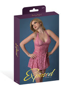 Wisteria Mist Mesh Halter Teddy w/Lace Up Details - Pink