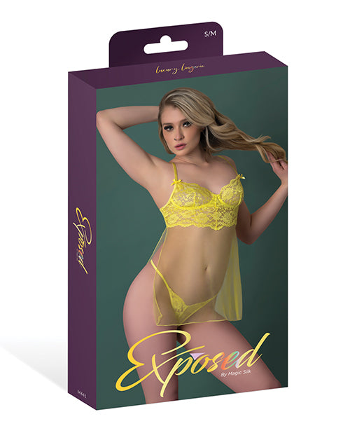 Daffodil Dreams Lace &amp; Mesh Baby Doll w/G-String - Yellow S/M