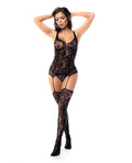 Floral Fishnet Bodice w/Attached Garters & Thigh High Stockings Black