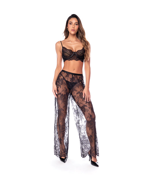 Underwire Lace Bra, Lace Wide Leg Pants, & Thong 3 pc Set - Black